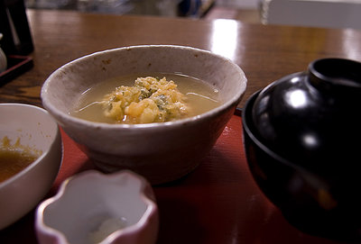 kakiage in light broth, over rice