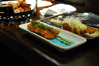 deep fried momo, topped with yuzu and shiso
tsukune with japanese mayo