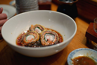 kani-hirame-salmon roll, in sweet and sour sauce with diced tomatoes